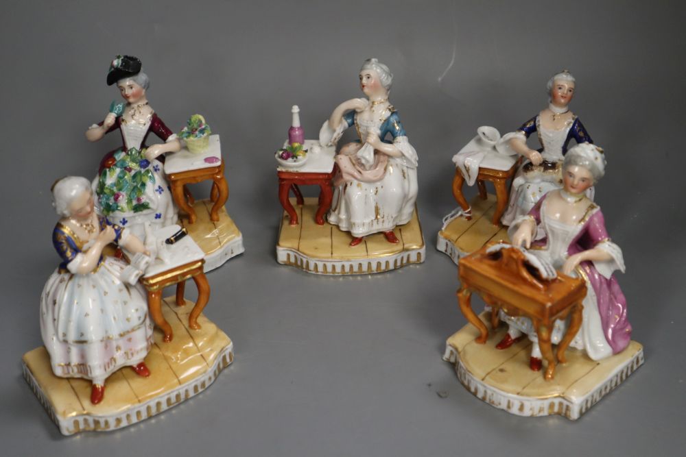 After Meissen originals. A group of five late 19th century porcelain groups, emblematic of the Senses